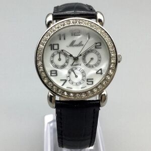 Moulin Watch 35mm Crystal MOP Dial Day Date Black Leather Band NEEDS BATTERY